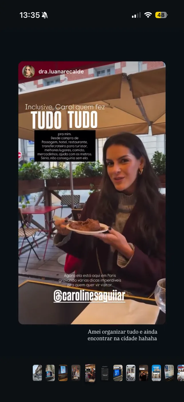 Repost de story do Instagram elogiando a assessoria completa da Travel by Carol em Paris