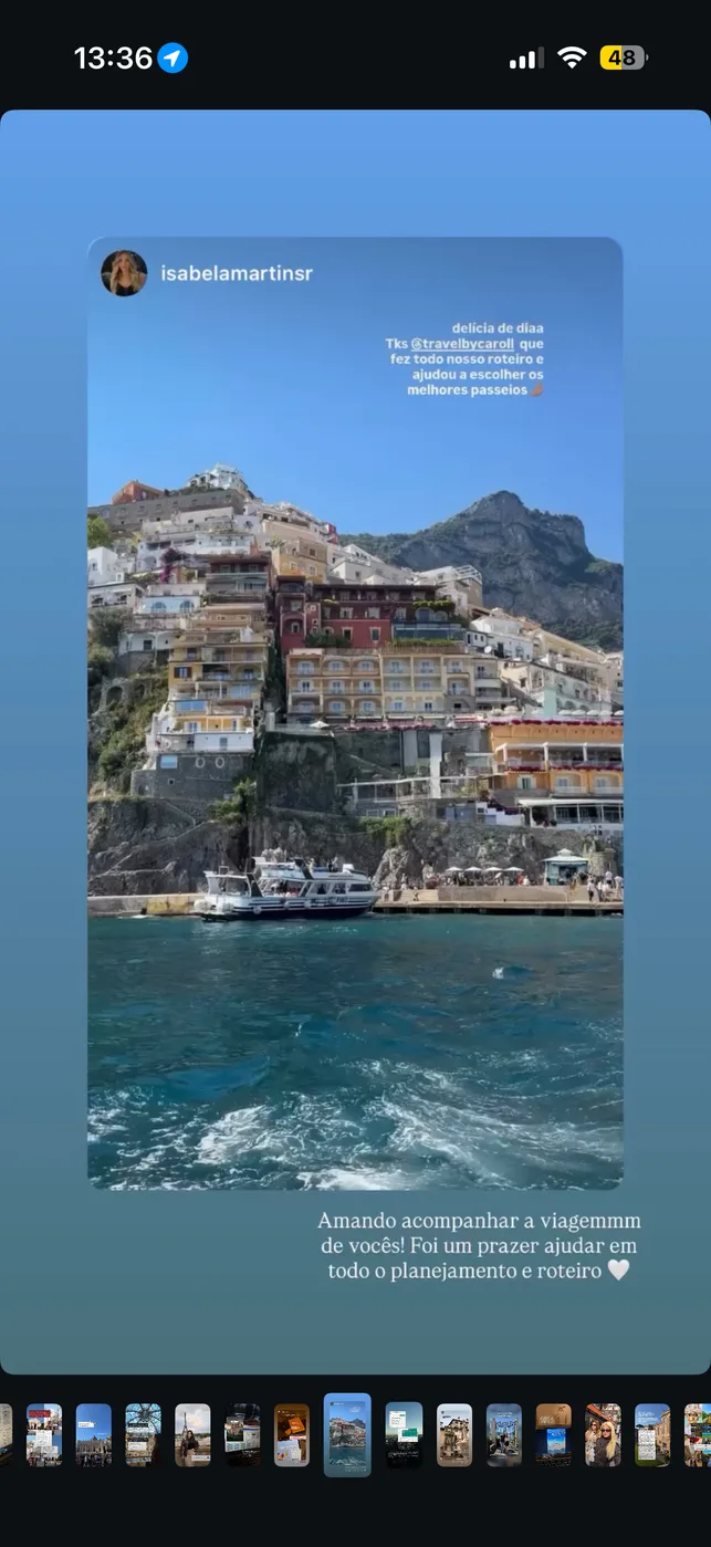 Repost de story do Instagram em Positano agradecendo o roteiro da Travel by Carol