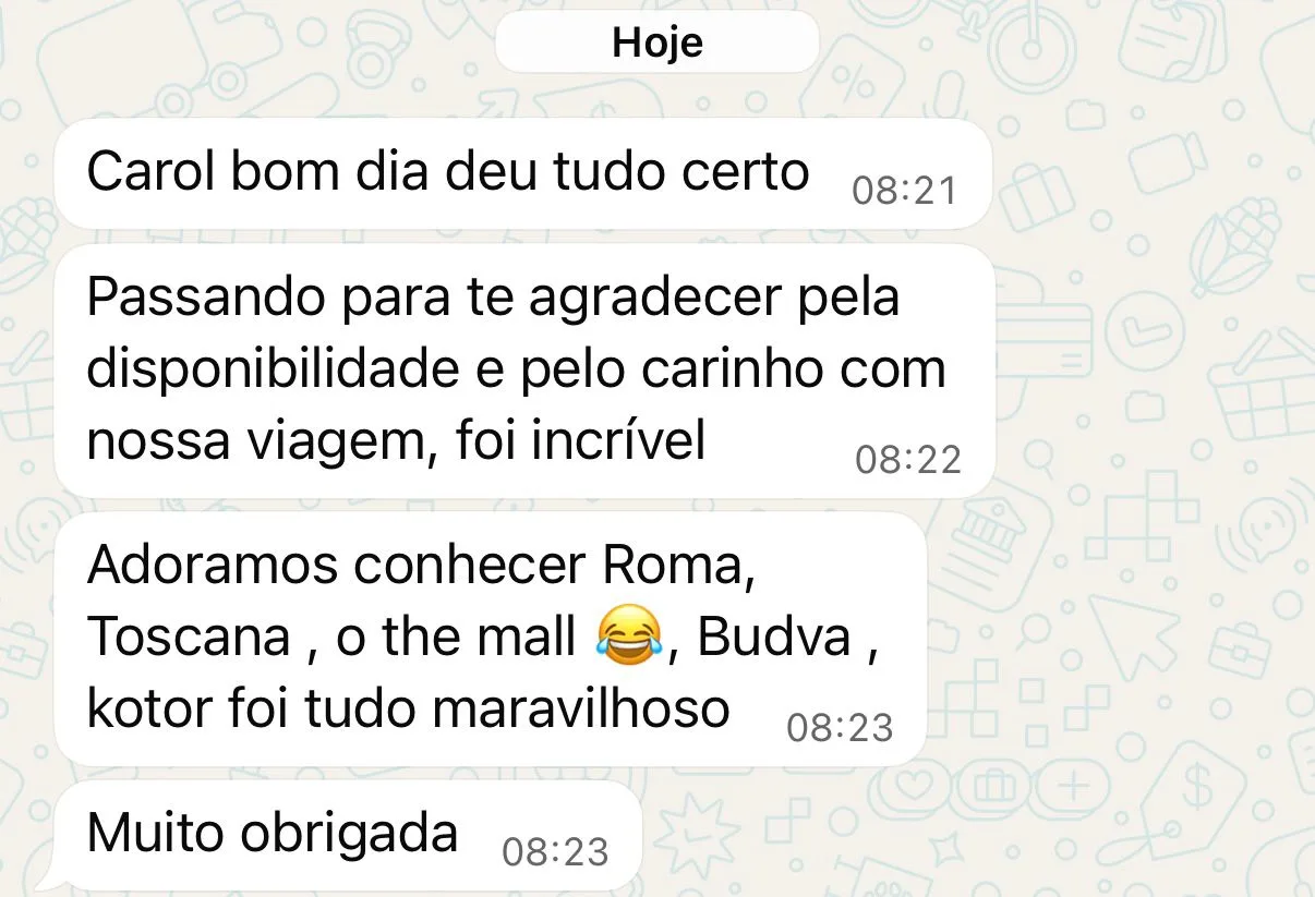 Print de depoimento de cliente no WhatsApp elogiando a viagem pela Itália