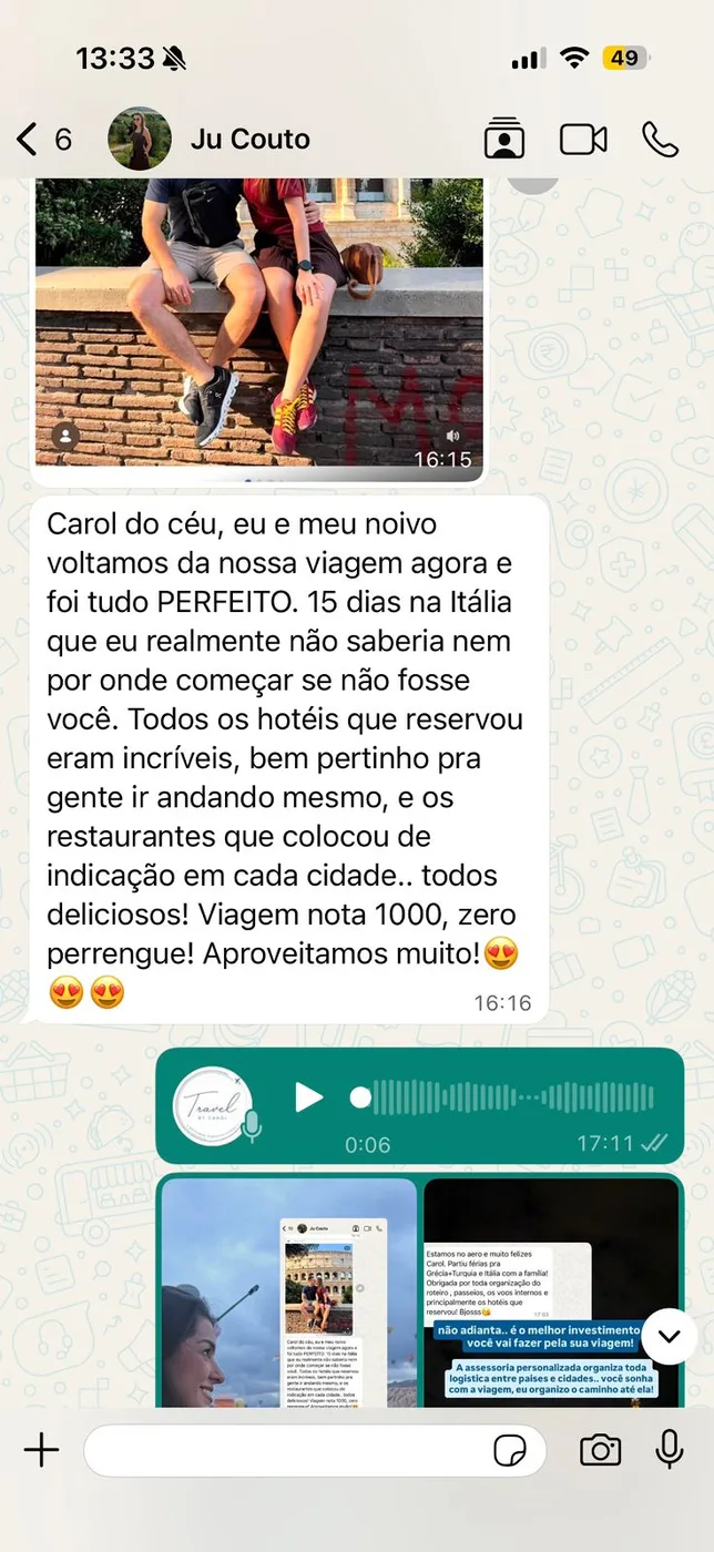 Print de depoimento de cliente no WhatsApp elogiando a viagem de 15 dias pela Itália
