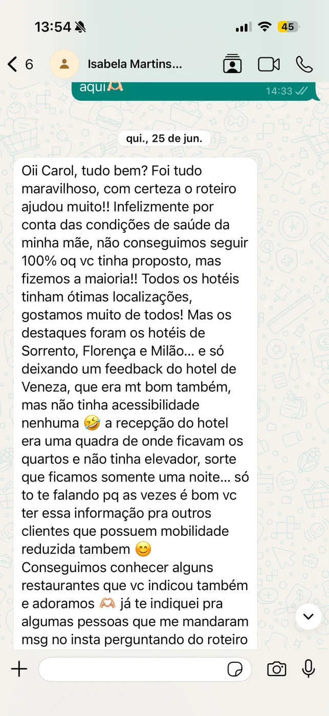 Print de depoimento de cliente no WhatsApp sobre a viagem pela Itália